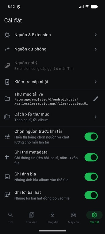 Settings screen including folder layout